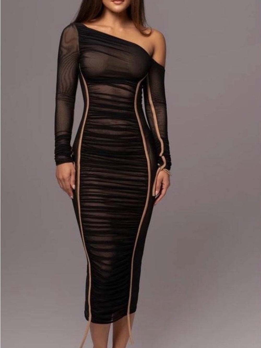 JLUXLABEL Black Long Sleeve Ruched Bodycon Dress with Tan Trim